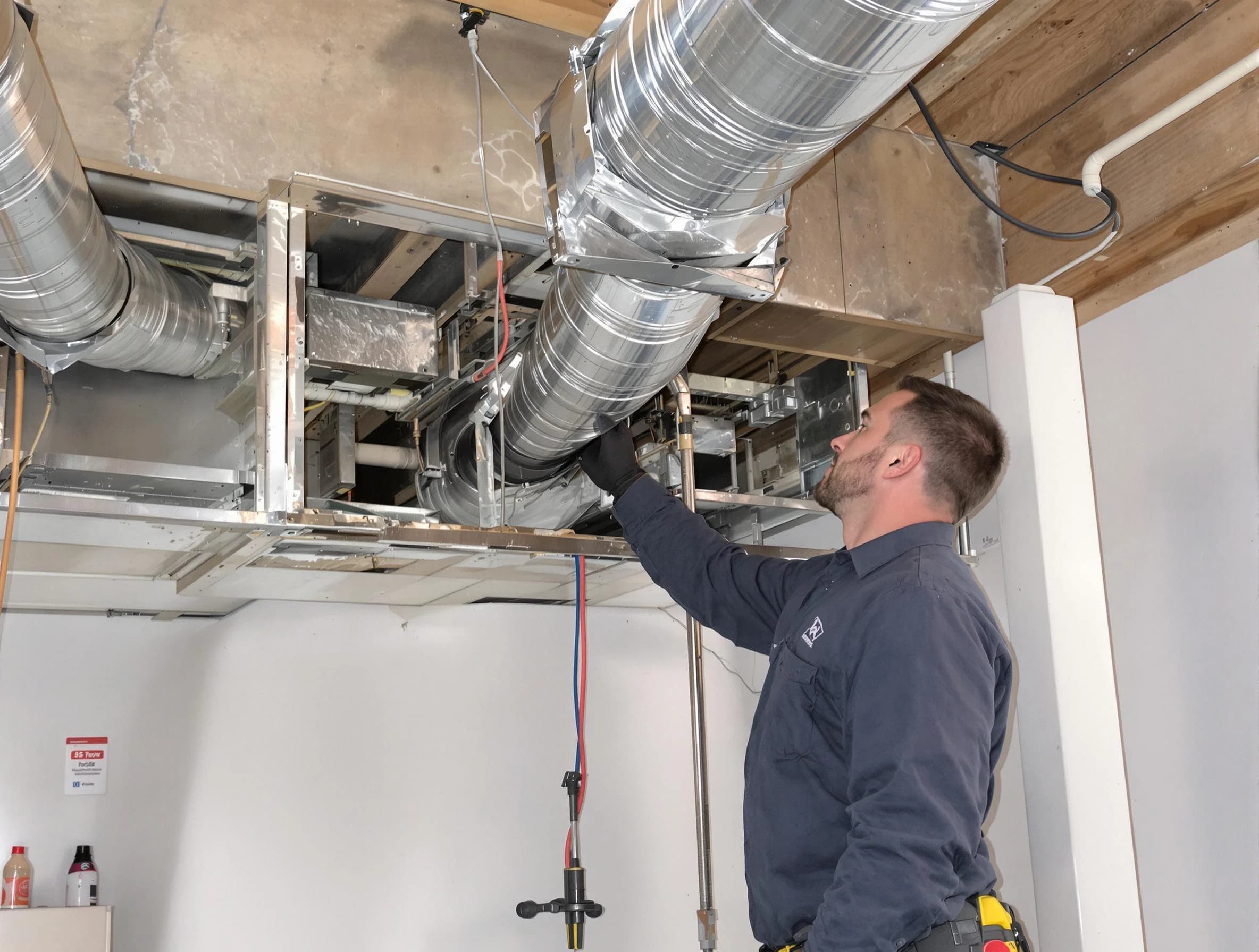 Noble Air Duct Cleaning technician performing professional air duct repair using specialized tools in Noble