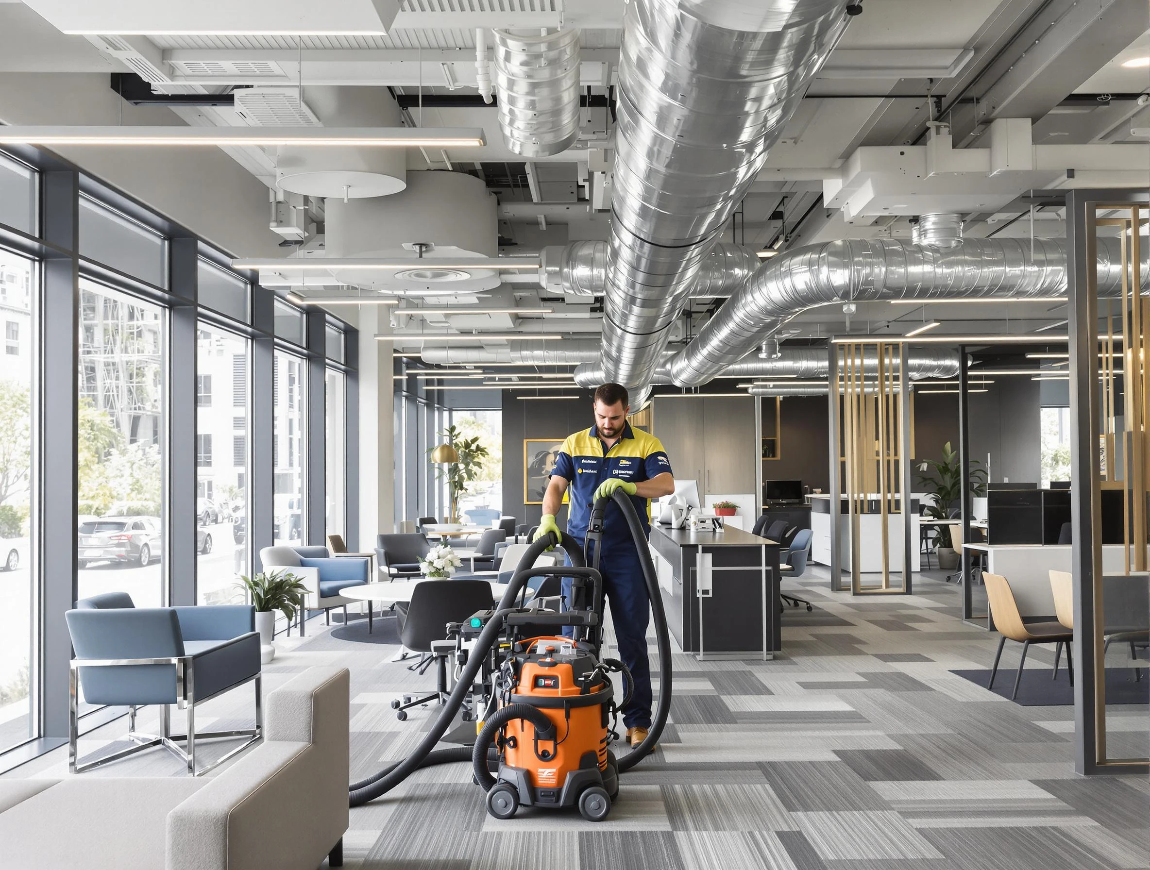 Noble Air Duct Cleaning team performing thorough commercial duct cleaning at a Noble business center